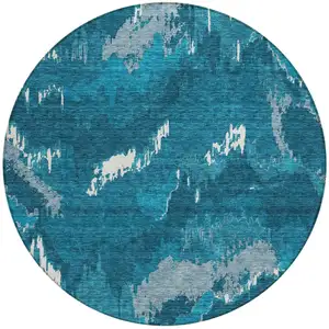 Photo of 8' Navy Blue And Teal Blue Round Abstract Washable Indoor Outdoor Area Rug