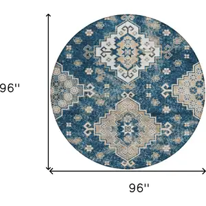 Photo of 8' Navy Blue Beige And Ivory Round Medallion Washable Indoor Outdoor Area Rug