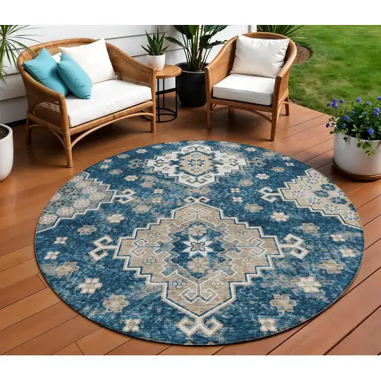 8' Navy Blue Beige And Ivory Round Medallion Washable Indoor Outdoor Area Rug Photo 1