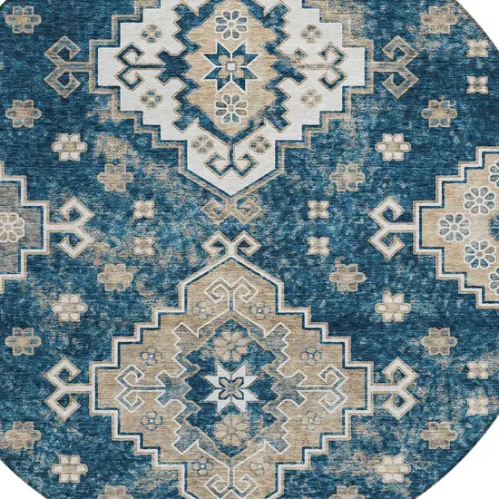 8' Navy Blue Beige And Ivory Round Medallion Washable Indoor Outdoor Area Rug Photo 5