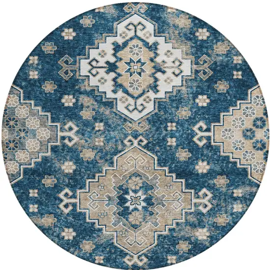 8' Navy Blue Beige And Ivory Round Medallion Washable Indoor Outdoor Area Rug Photo 6