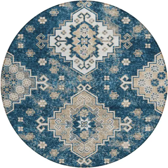 8' Navy Blue Beige And Ivory Round Medallion Washable Indoor Outdoor Area Rug Photo 2