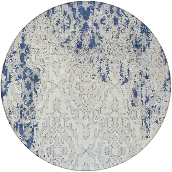 8' Navy Blue Beige And Sky Blue Round Medallion Washable Indoor Outdoor Area Rug Photo 5