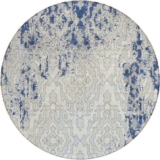 8' Navy Blue Beige And Sky Blue Round Medallion Washable Indoor Outdoor Area Rug Photo 2