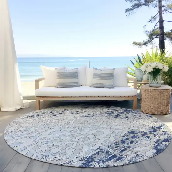 8' Navy Blue Beige And Sky Blue Round Medallion Washable Indoor Outdoor Area Rug Photo 6