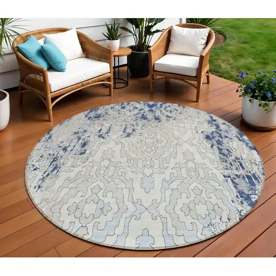 8' Navy Blue Beige And Sky Blue Round Medallion Washable Indoor Outdoor Area Rug Photo 1