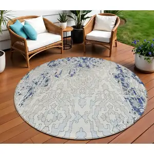 Photo of 8' Navy Blue Beige And Sky Blue Round Medallion Washable Indoor Outdoor Area Rug