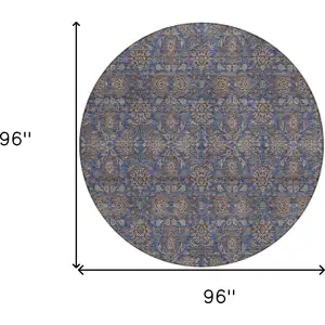 Photo of 8' Navy Blue Beige And Taupe Round Floral Washable Indoor Outdoor Area Rug