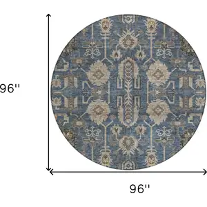 Photo of 8' Navy Blue Beige And Taupe Round Oriental Washable Indoor Outdoor Area Rug