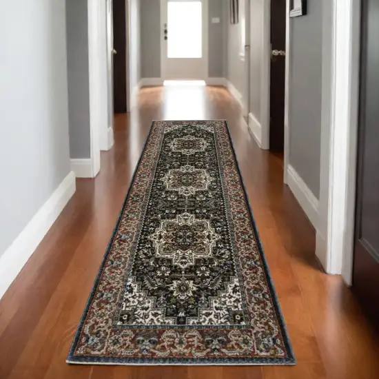 8' Navy Blue Black And White Medallion Runner Rug With Fringe Photo 1