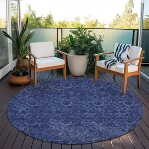 Photo of 8' Navy Blue Blue And Charcoal Round Floral Washable Indoor Outdoor Area Rug