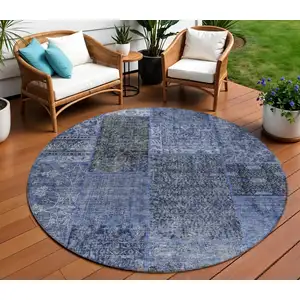 Photo of 8' Navy Blue Blue And Charcoal Round Patchwork Washable Indoor Outdoor Area Rug