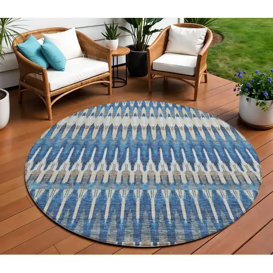 8' Navy Blue Denim Blue And Ivory Round Southwestern Washable Indoor Outdoor Area Rug Photo 1