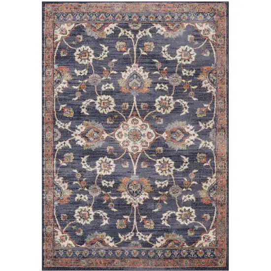 10' Navy Blue Floral Power Loom Runner Rug With Fringe Photo 1