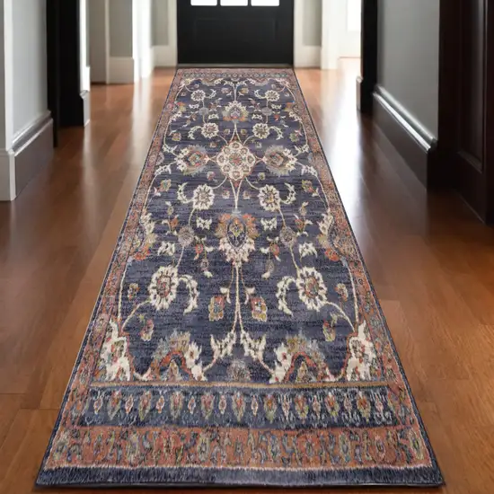 10' Ivory Navy and Orange Floral Power Loom Runner Rug Photo 1