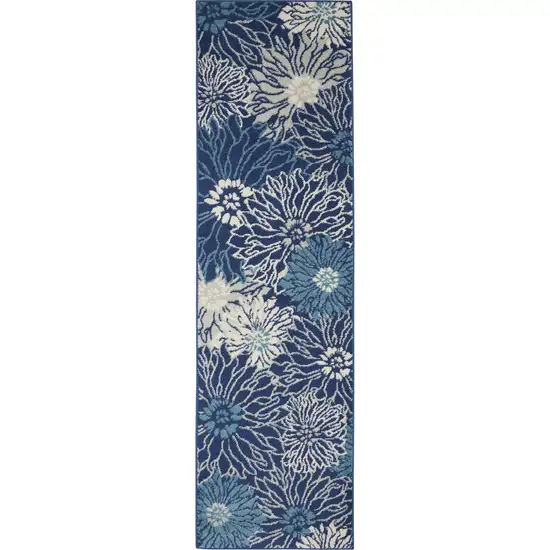 10' Navy Blue Floral Power Loom Runner Rug Photo 4