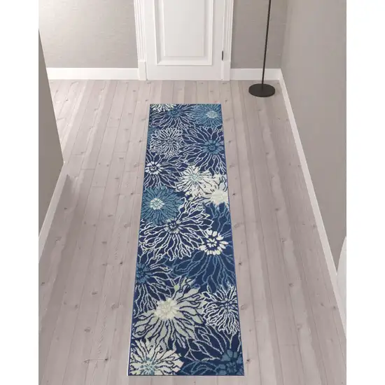 10' Navy Blue Floral Power Loom Runner Rug Photo 2