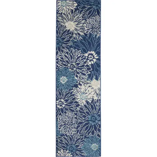 10' Navy Blue Floral Power Loom Runner Rug Photo 1