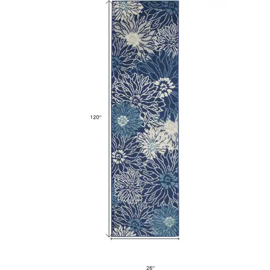 10' Navy Blue Floral Power Loom Runner Rug Photo 5