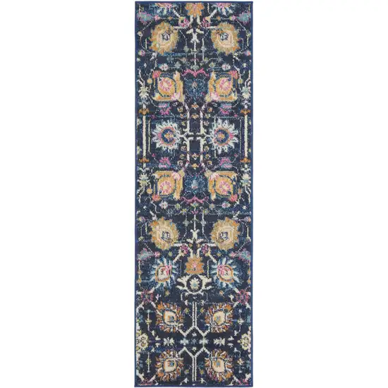 6' Navy Blue Floral Power Loom Runner Rug Photo 1