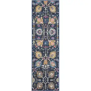 Photo of 6' Navy Blue Floral Power Loom Runner Rug