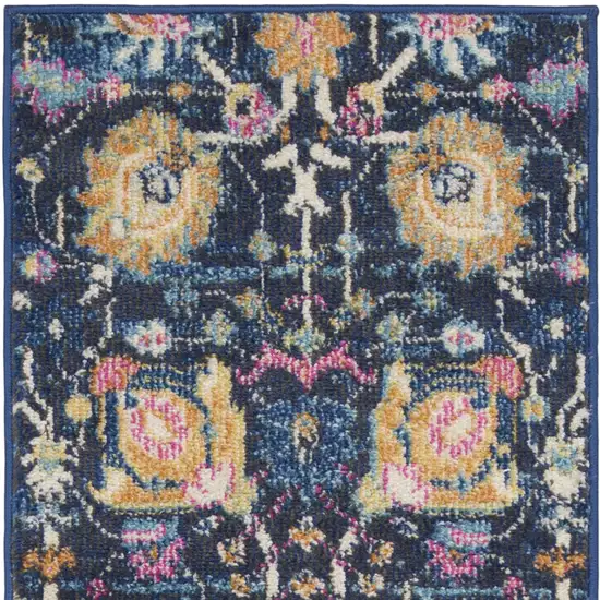 6' Navy Blue Floral Power Loom Runner Rug Photo 2