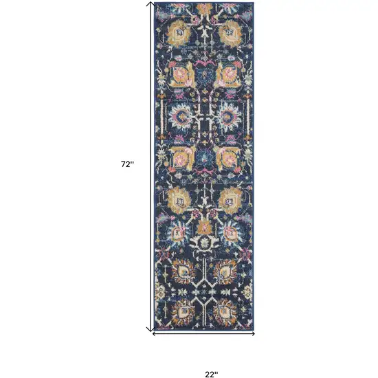 6' Navy Blue Floral Power Loom Runner Rug Photo 8