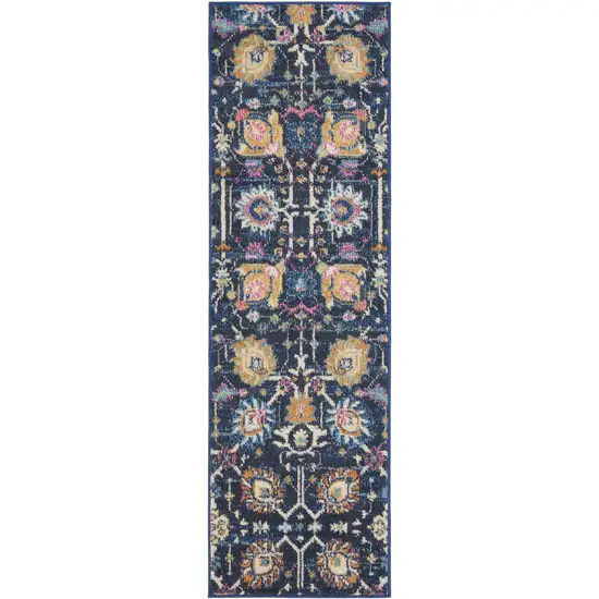 6' Navy Blue Floral Power Loom Runner Rug Photo 3