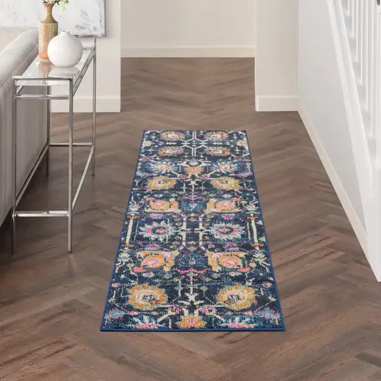 6' Navy Blue Floral Power Loom Runner Rug Photo 7