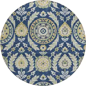 Photo of 8' Navy Blue Gold And Beige Round Floral Washable Indoor Outdoor Area Rug