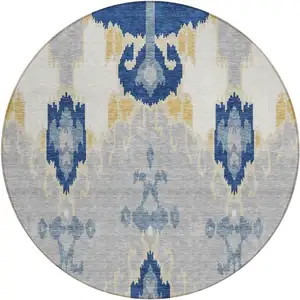 Photo of 8' Navy Blue Ivory And Gray Round Ikat Washable Indoor Outdoor Area Rug