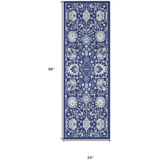 8' Navy Blue Ivory and Beige Floral Distressed Non Skid Runner Rug Photo 3