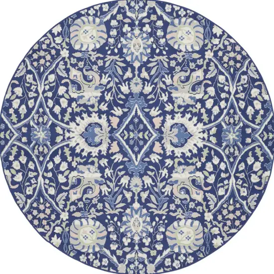 8' Navy Blue Ivory and Beige Floral Round Rug Photo 5