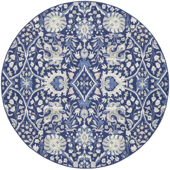 8' Navy Blue Ivory and Beige Floral Round Rug Photo 2