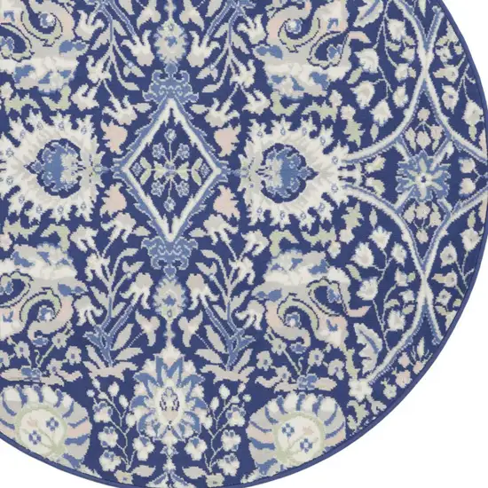 5' Navy Blue Ivory and Beige Floral Round Rug Photo 4