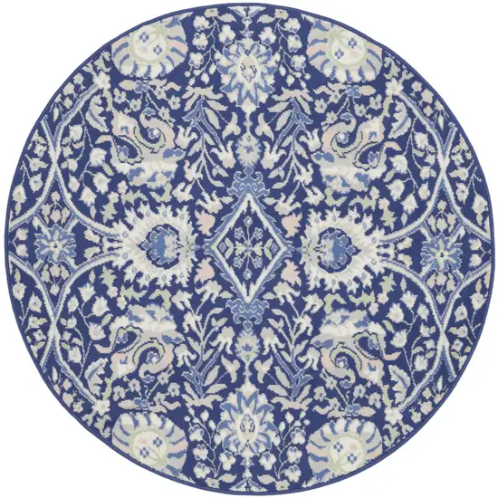 5' Navy Blue Ivory and Beige Floral Round Rug Photo 2