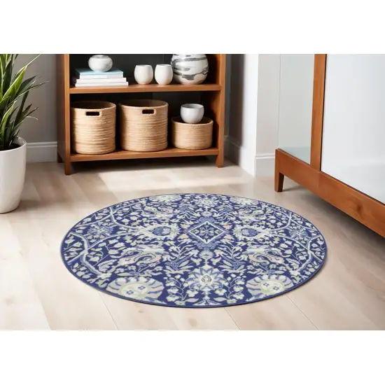 5' Navy Blue Ivory and Beige Floral Round Rug Photo 1