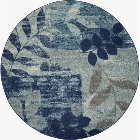 5' Navy Blue Light Blue and Gray Botanical Leaves Round Rug Photo 8