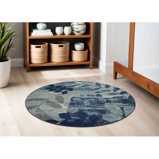 5' Navy Blue Light Blue and Gray Botanical Leaves Round Rug Photo 1