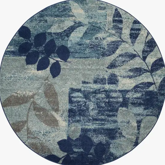 5' Navy Blue Light Blue and Gray Botanical Leaves Round Rug Photo 7