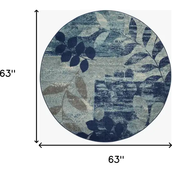 5' Navy Blue Light Blue and Gray Botanical Leaves Round Rug Photo 3