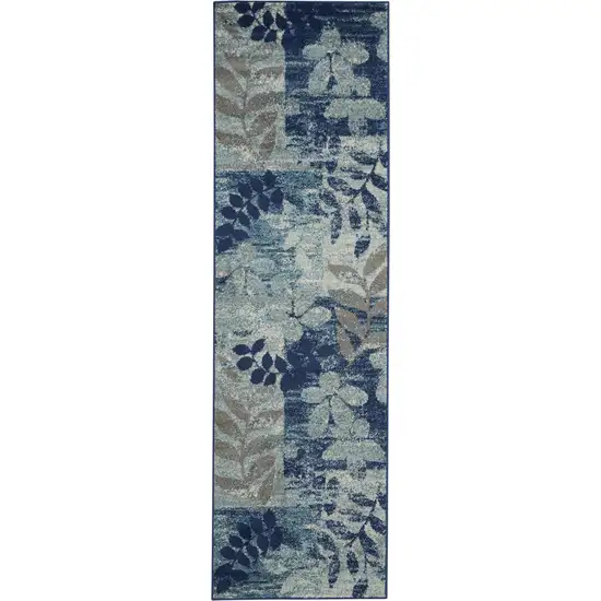 7' Navy Blue Light Blue and Gray Botanical Leaves Runner Rug Photo 2