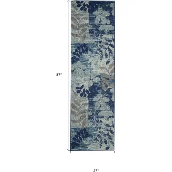 7' Navy Blue Light Blue and Gray Botanical Leaves Runner Rug Photo 3