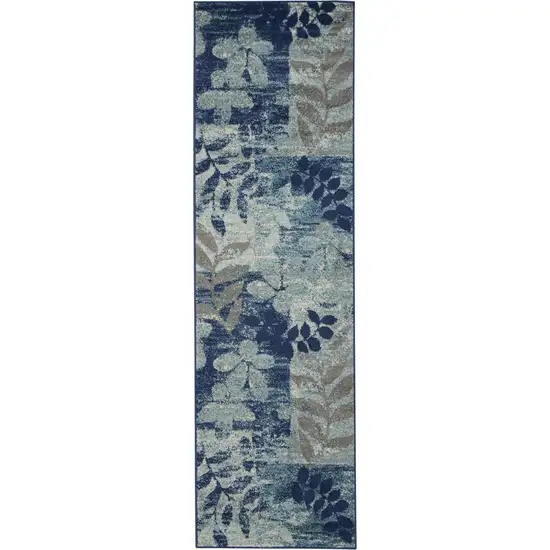 7' Navy Blue Light Blue and Gray Botanical Leaves Runner Rug Photo 7