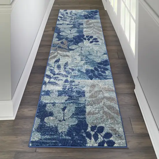 7' Navy Blue Light Blue and Gray Botanical Leaves Runner Rug Photo 8