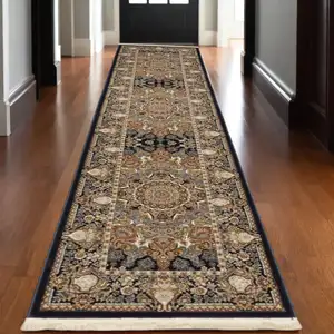 Photo of 10' Navy Blue Light Brown And Ivory Medallion Runner Rug With Fringe