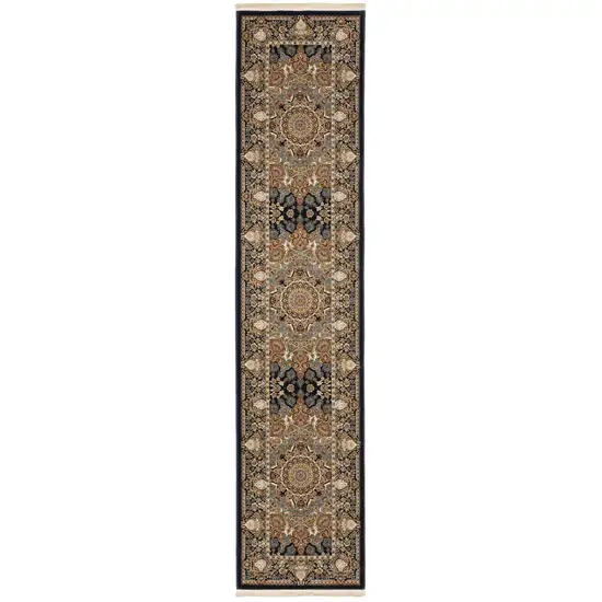 10' Navy Blue Light Brown And Ivory Medallion Runner Rug With Fringe Photo 2