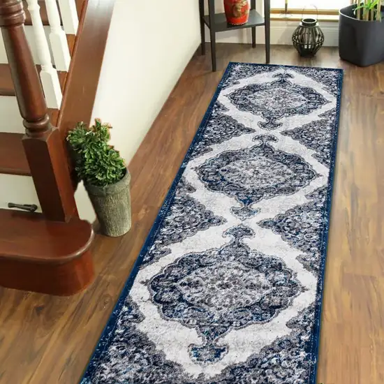 10' Navy Blue Medallion Power Loom Runner Rug Photo 4