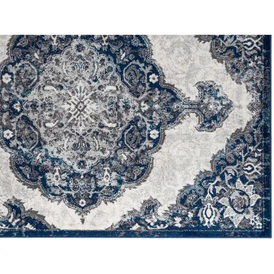 10' Navy Blue Medallion Power Loom Runner Rug Photo 2