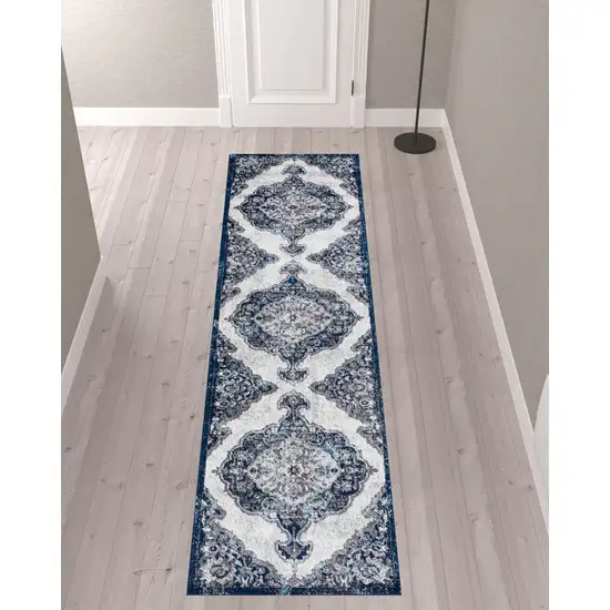 10' Navy Blue Medallion Power Loom Runner Rug Photo 3